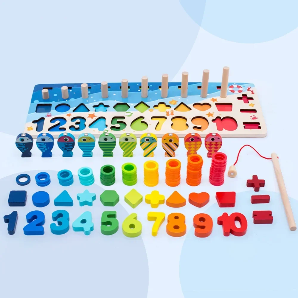 Kids Montessori Math Toys For Toddlers Educational Wooden Puzzle Fishing Toys Count Number Shape Matching Sorter Games Board Toy