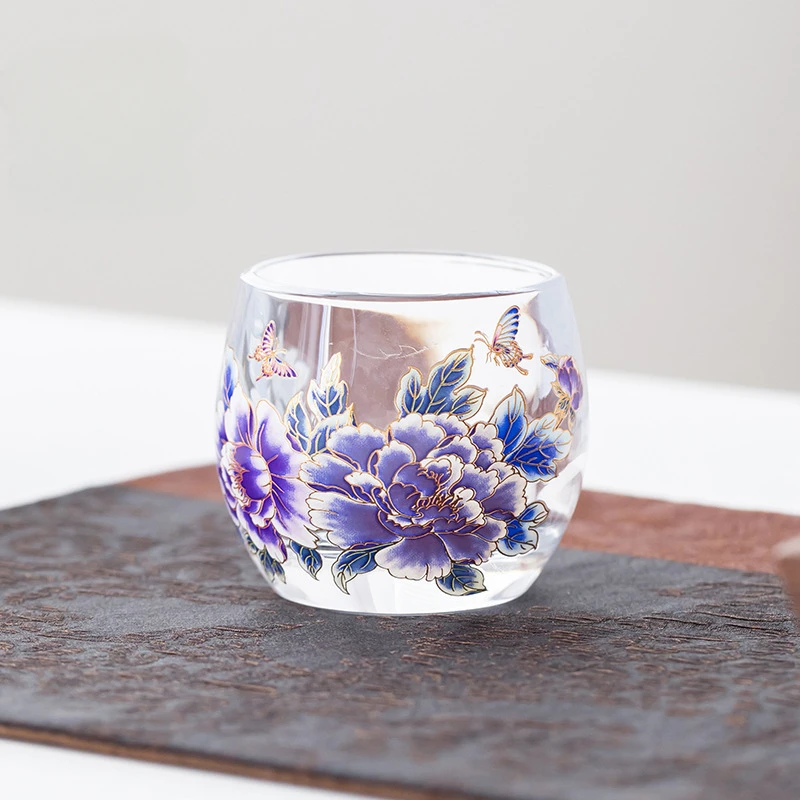 70ml Color-changing Peony Glass Teacup Handmade Tea Bowl Jug Tea-tasting Meditation Cup Jianzhan Master Cups Tea Items Supplies