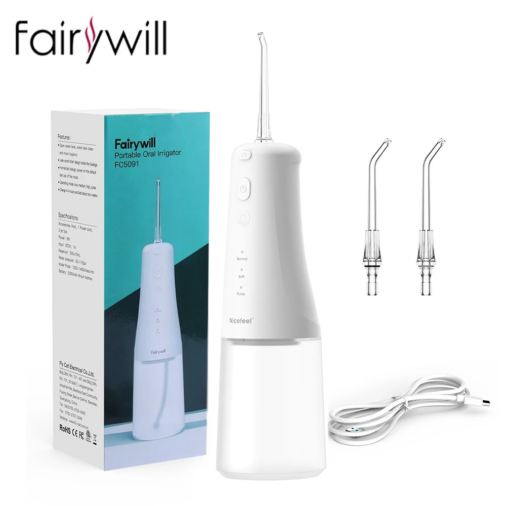 

Беспроводной ирригатор Fairywill, 3 режима и 2 сменных насадки, съемный резервуар для воды на 300 мл, Ipx7, водонепроницаемый ирригатор для полости рта