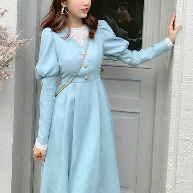 Spring French Patchwork Dress Women Elegant Blue Lace Designer Fairy Dress Female Puff Sleeve Kawaii Korean One-piece Dress 2024