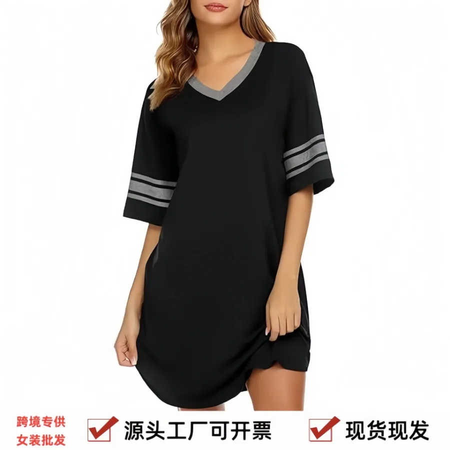 

【New style】2026 spring and summer new European and American - V-neck splicing pajamas casual loose home dress women's dress