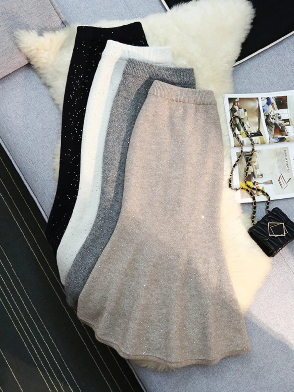 Shiny Diamond Knitted Half Skirt Women's Autumn Winter New High Waist A-Line Fish Tail One Step Wrap Body Long Skirt