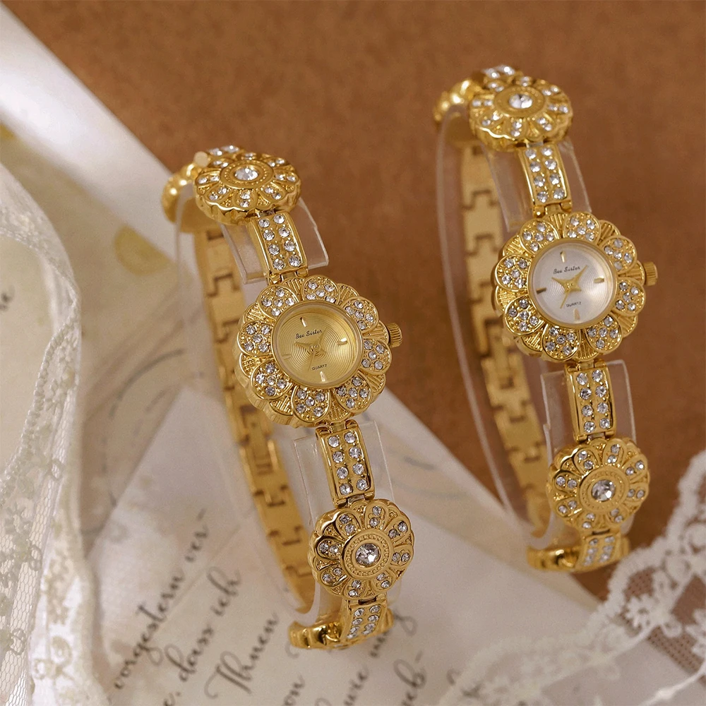 蜂姉妹フラワーブレスレットクォーツ時計女性高品質絶妙な高級ヴィンテージエレガントな女性の腕時計新しい