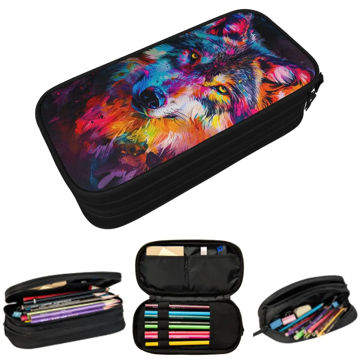 

Colorful Graffiti Wolf Pencil Case for Kids Gifts Pen Box Pencil Bag Stationery Supplies Pen Holder Bag