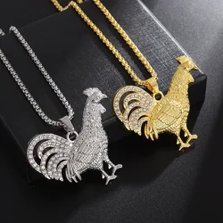 Hip-Hop Cool Zodiac Animal Big Rooster Pendant Necklace Inlaid with Crystal Zircon Men and Women Christmas Birthday Jewelry Gift
