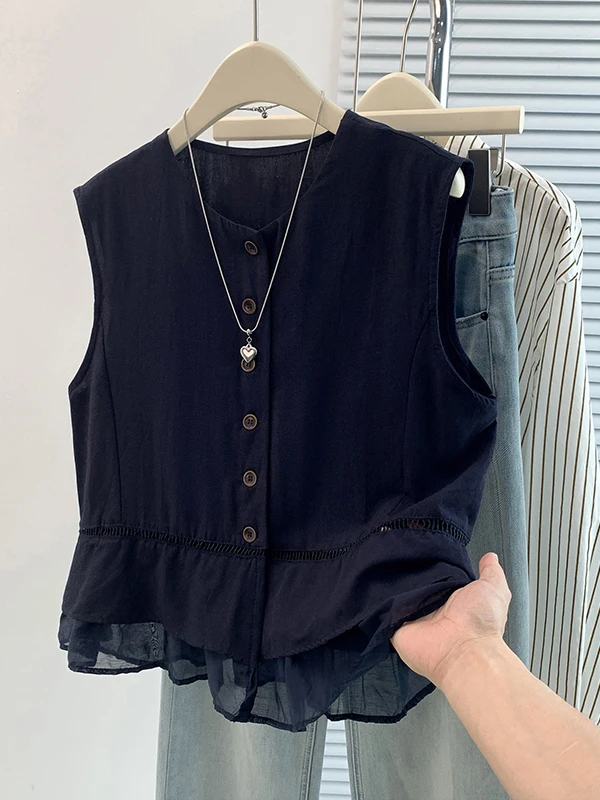 Korean Style round Neck Mesh Splicing Cotton Linen Sleeveless Vest Women's Summer Fashion Versatile Brand Removed Clothing
