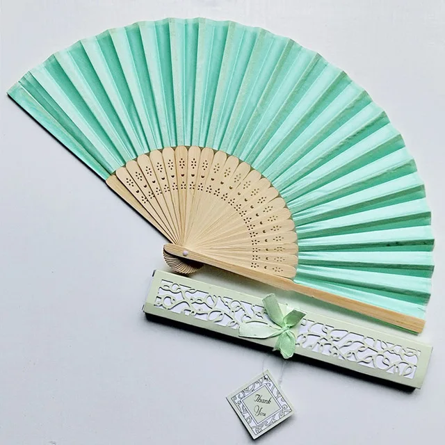 Custom luxury silk folding hand fan, elegant laser cut gift box + party gift / + print wedding gift, 20 pieces per batch