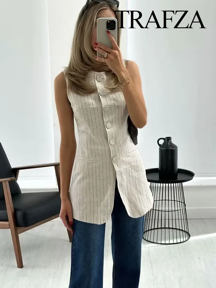 TRAFZA Female 2024 Spring Fashion Striped Sleeveless Office Lady Vest Elegant Round Neck Single Breasted With Pockets Causal Top