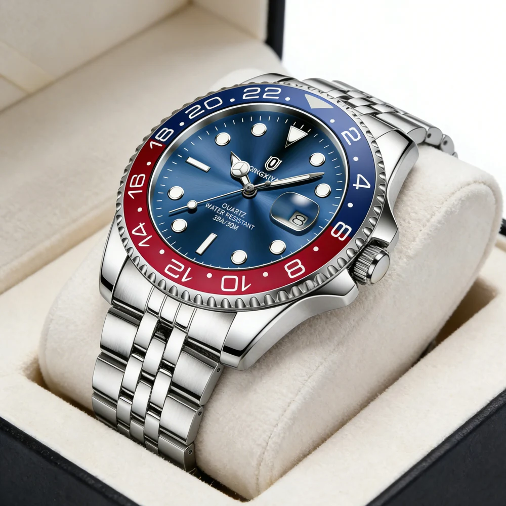 Reloj de Acero Inoxidable para Hombre, Marca QINGXIYA, Nuevo, Estilo Clásico, con Círculo Rojo y Azul, Lupa, Calendario, Cuarzo