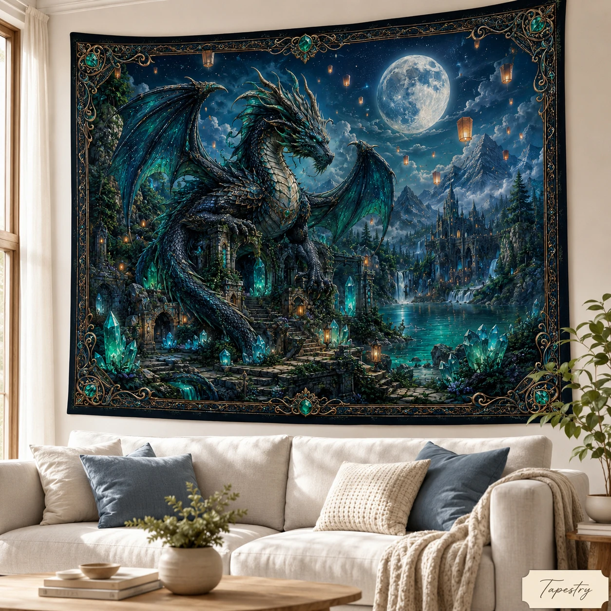 Gothic Dragon Tapestry Wall Hanging Full Moon Fantasy Forest Large Fabric Wall Tapestries Cool Room Decor for Gaming Bed Dorm