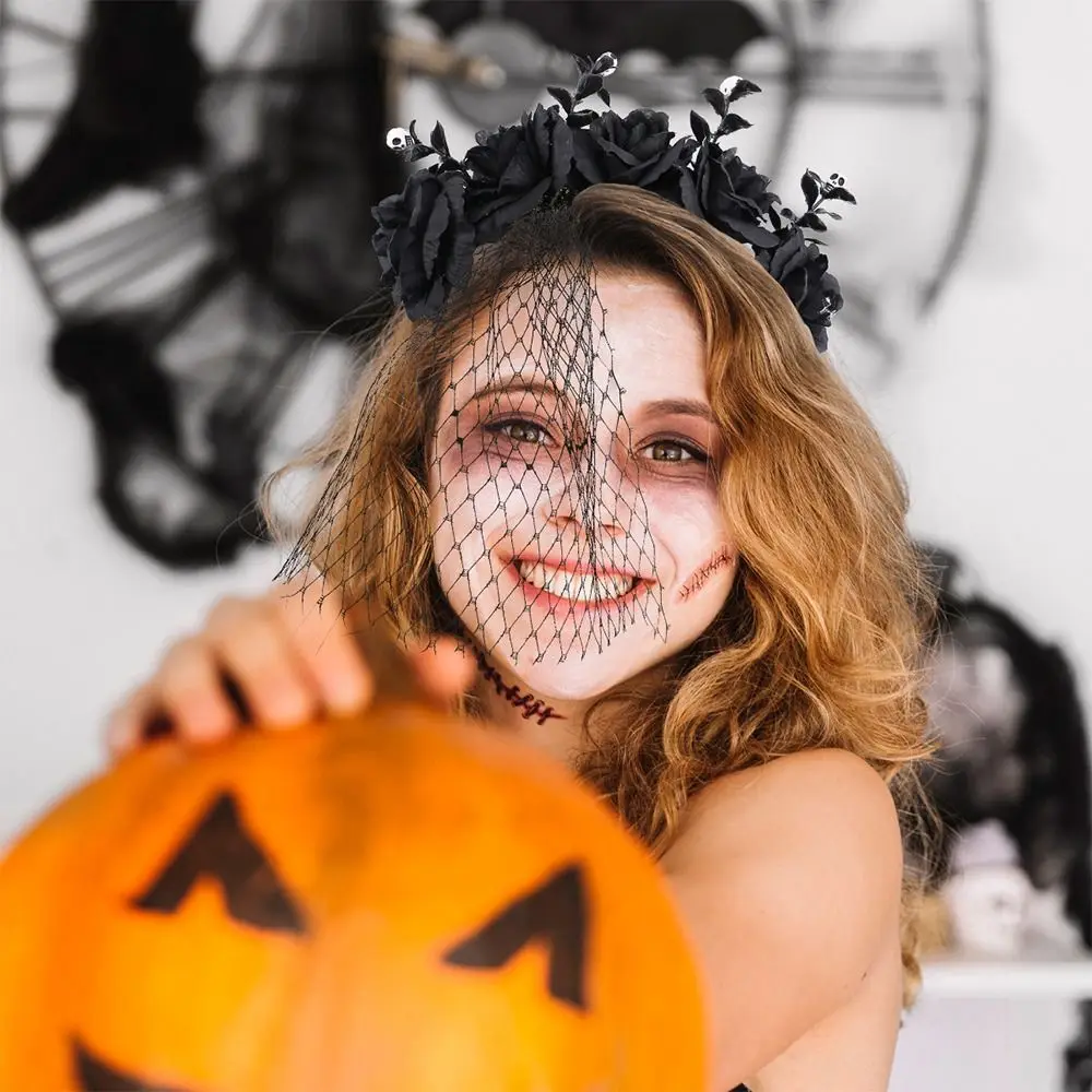 z welonem Halloween opaska z kwiatem róży Festiva Party gotycka meksykańska korona z kwiatem róży Mardi Gras obręcz do włosów dla kobiet