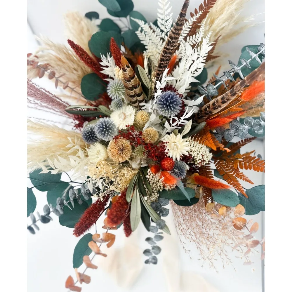 Dried Flower Bouquet,Terracotta,Dusty Blue,Pheasant Feather Bouquet,Bride and Bridesmaids,Wedding Flowers