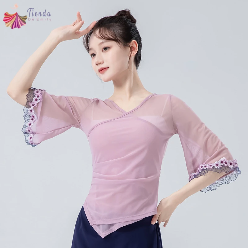 tops-de-danca-classica-feminina-blusa-de-malha-com-decote-em-v-camisa-de-manga-3-4-decoracao-de-flores-trajes-de-desempenho-roupas-de-treinamento-folclorico-chines