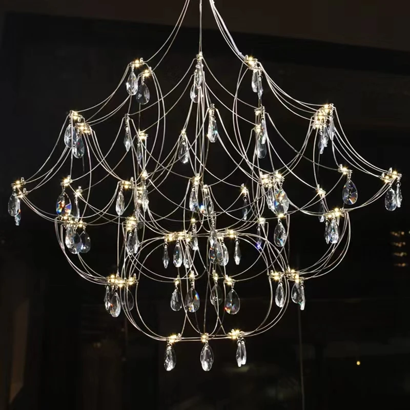 Industrial Wind Duplex Living Room Firefly Lamp Drop Crystal Chandelier Villa Hotel Special-shaped Stainless Steel Led Lighting