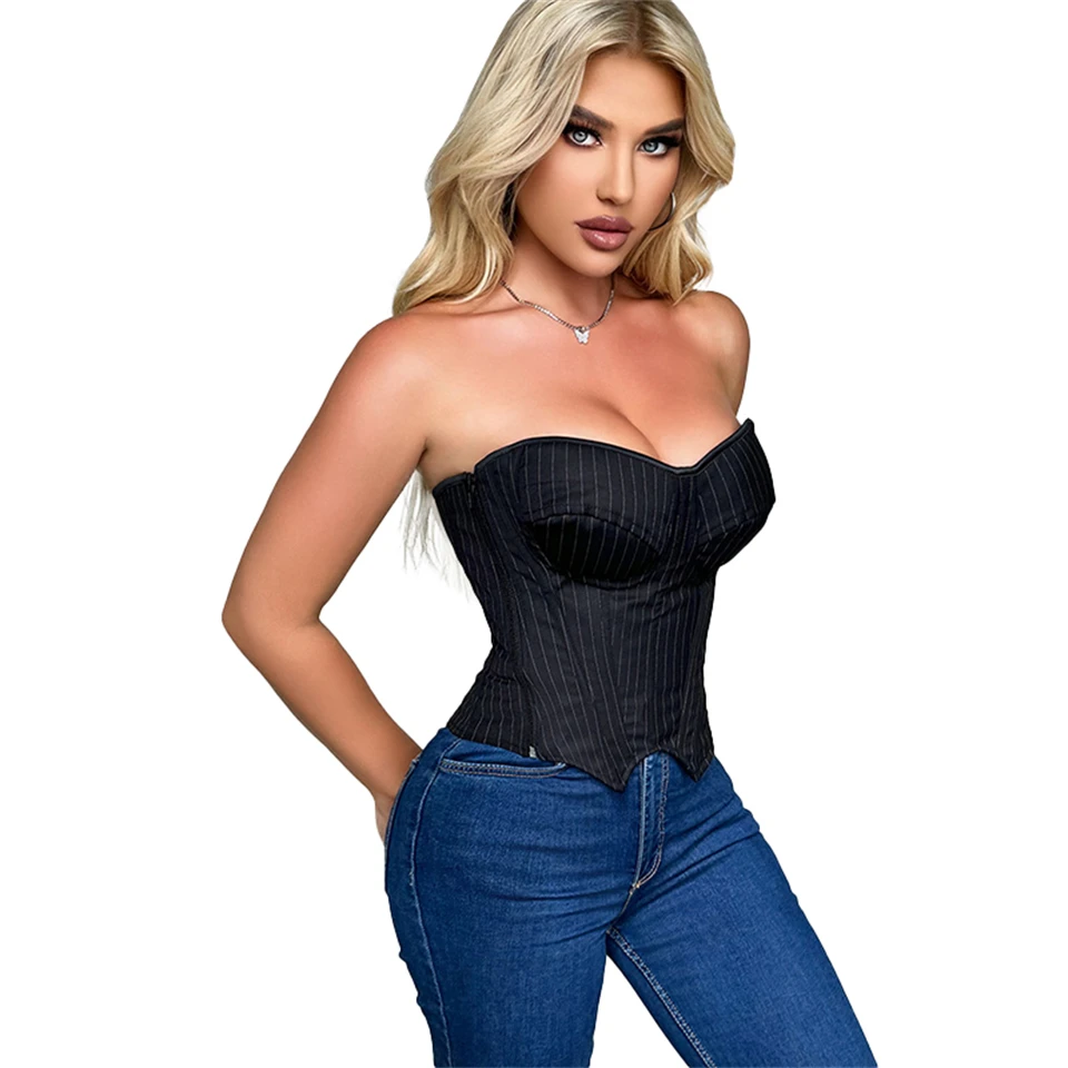 Becirzet Damen Overbust-Korsett mit Reißverschluss, gestreift, Schnür-Bustier, Taillenformer, Bauchkontrolle, Shapewear, Oberteil für Bürodamen – Detail 5