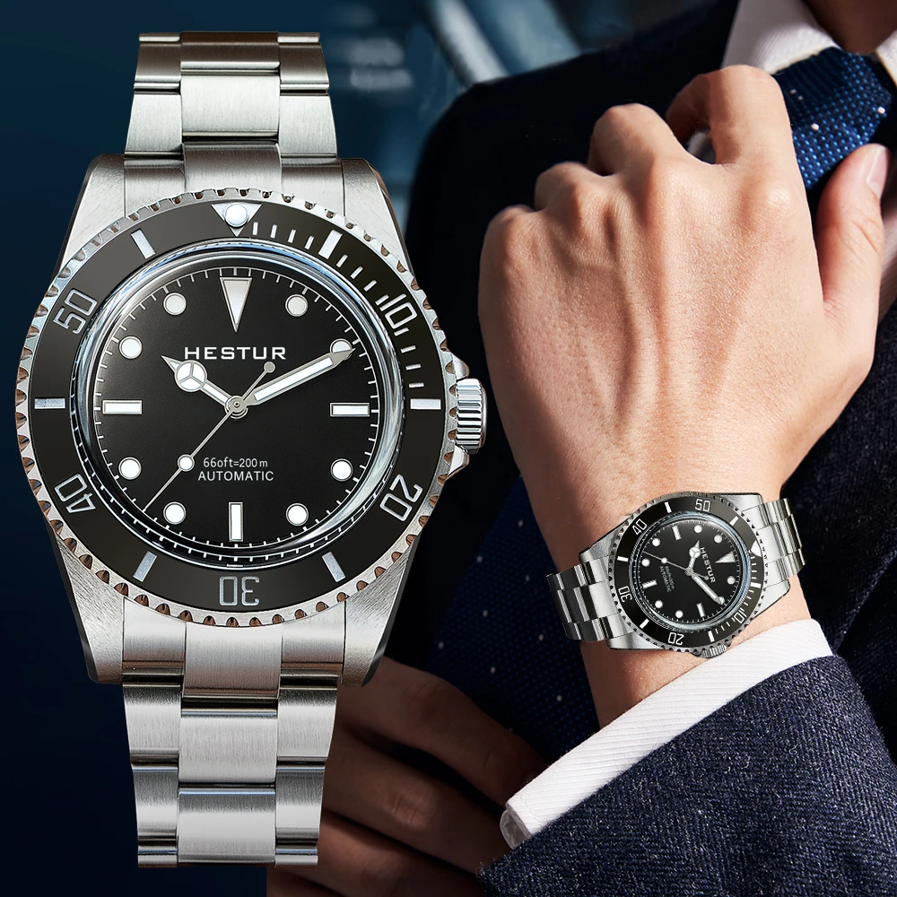 ساعات آلية أوتوماتيكية من Hestur 40 ملم HT1964 ساعة يد رجالية 5517 Milsub Vintage Diver 20bar ياقوت فاخر، SW200/PT5000