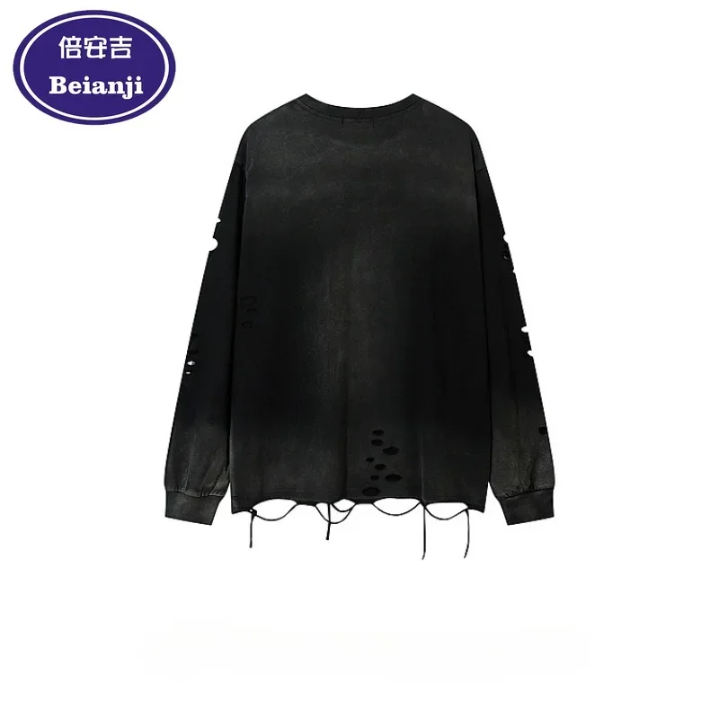 Beianji Men o-neck long sleeve destroy T-shirt male fashion vintage hiphop loose wash top small hole