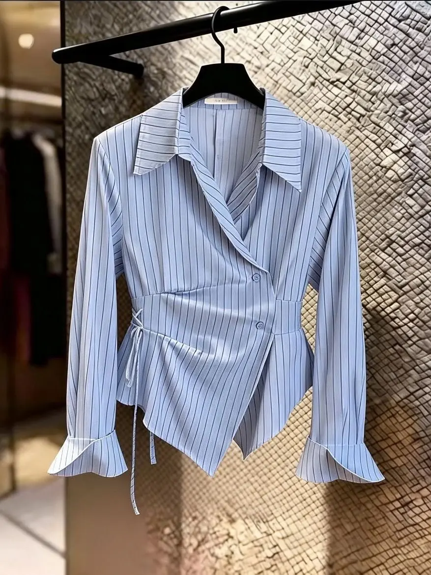 

plus Size Women's Shirt Design Sense Asymmetrical Waist Slimming Stripes Long Sleeve Women's Shirt 2026 New Elegant Style Cas...