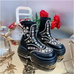 Luxury Punk Design Bling Rhinestones Crytal Beaded Women Fashion Ankle Boots Platform Thick Bottom Casual Shoes Female Footwear