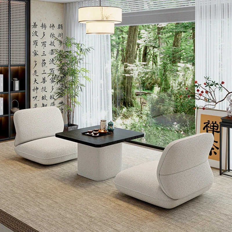 A combination of bay windows, tables, chairs, tatami mats, and solid wood Japanese minimalist Nordic designer coffee table