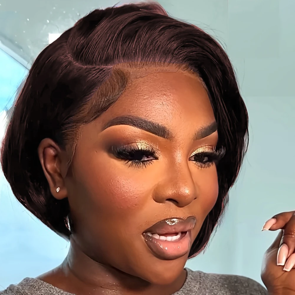 Wig Frontal Renda Transparan 13X4 Rambut Manusia Wig Bob Lurus Wig Potongan Pixie dengan Wig 8 Inci Kepadatan 150% Pra-petik Wig Berwarna