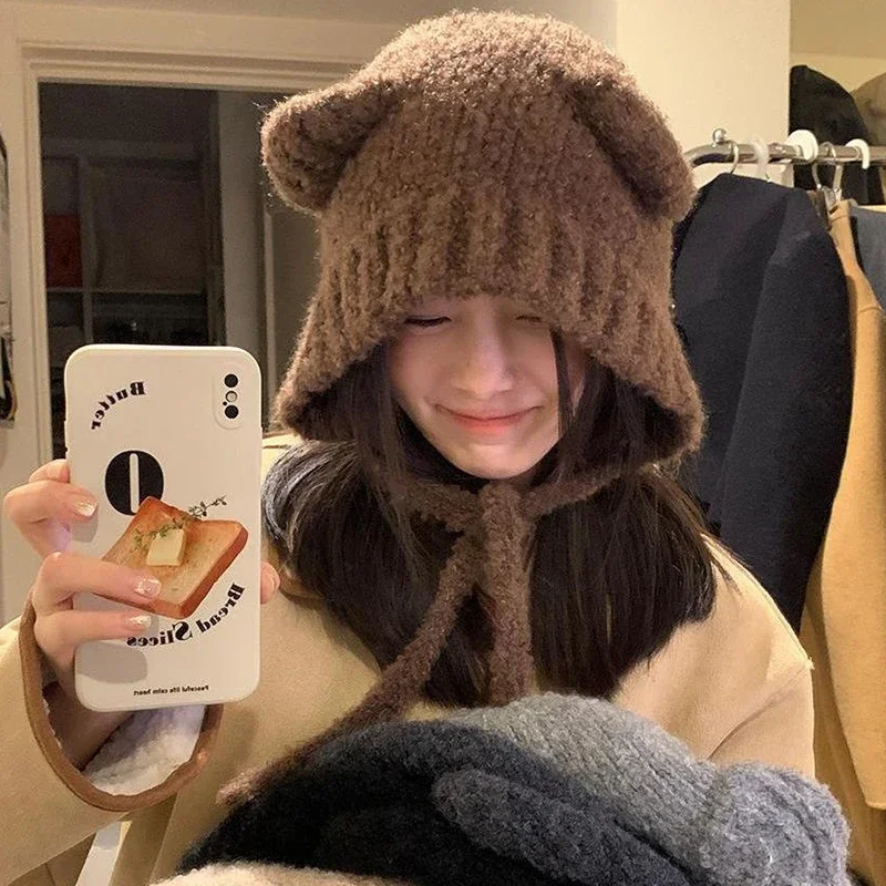 Winter Plush Beanies Women Warm Bonnets Girls Cute Bear Ear Wool Hat Warm Lace-up Gorros Knitting Cap Korean Knitted Ear Muffs