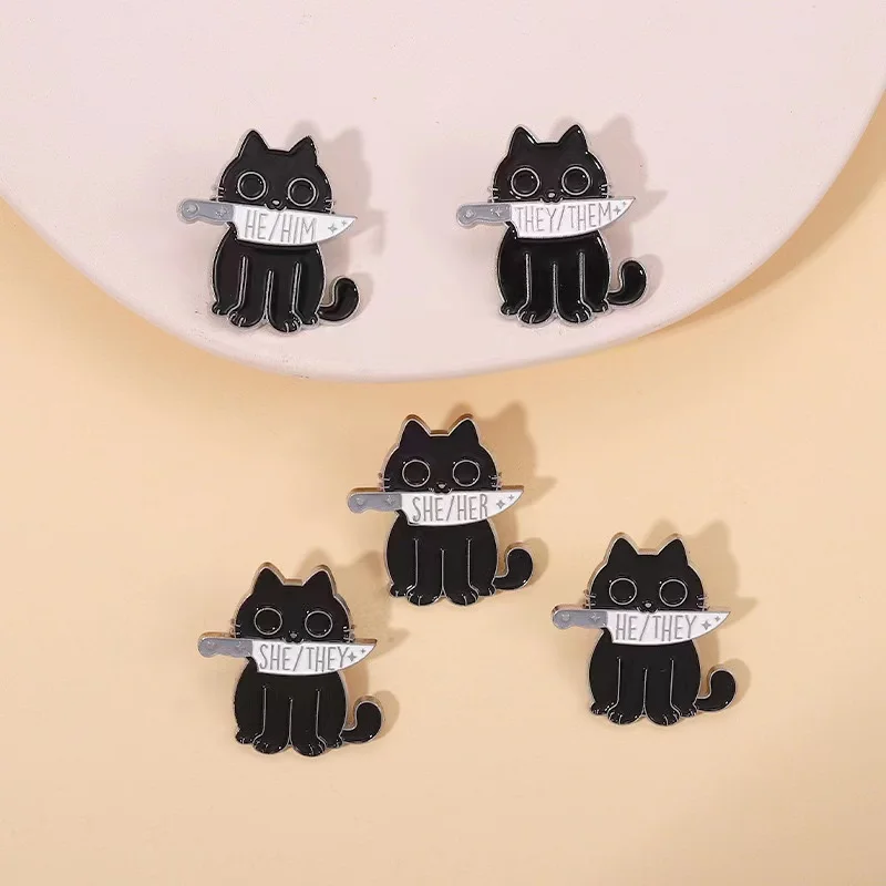 Animal Cat Enamel Pins Custom Punk Gothic Lapel Badges He Him She Her Cartoon Metal Backpack Jewelry Gift for Friends Wholesale