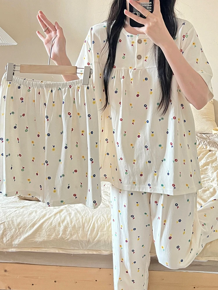 

Summer Pure Cotton Spwear Set Women's ort Sve Long Pants Sweet Student Hooded Home Clothes Tee-Piece Set Comfortable