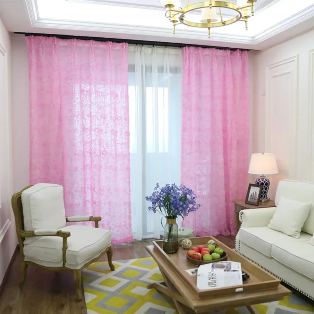 Pink Rose Embroidered Voile Curtain For Living Room Wedding Party Decoration Romantic Pastoral Country Bay Window Drapes Tende