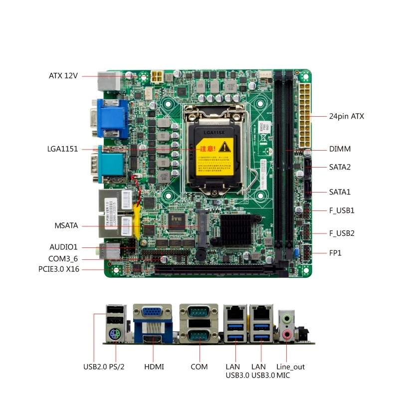 Industrial mini itx 1151 motherboard Support LGA1151 6th/7th/8th/9th CPU with DDR4, 4K DP port B365  PCIE 3.0 16X COM LAN