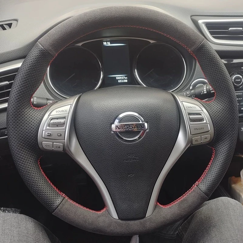 For Nissan Teana Altima X-Trail 2014-2017 Hand Stitched Yellow line yellow-labeled suede non-slip car Steering Wheel Cover