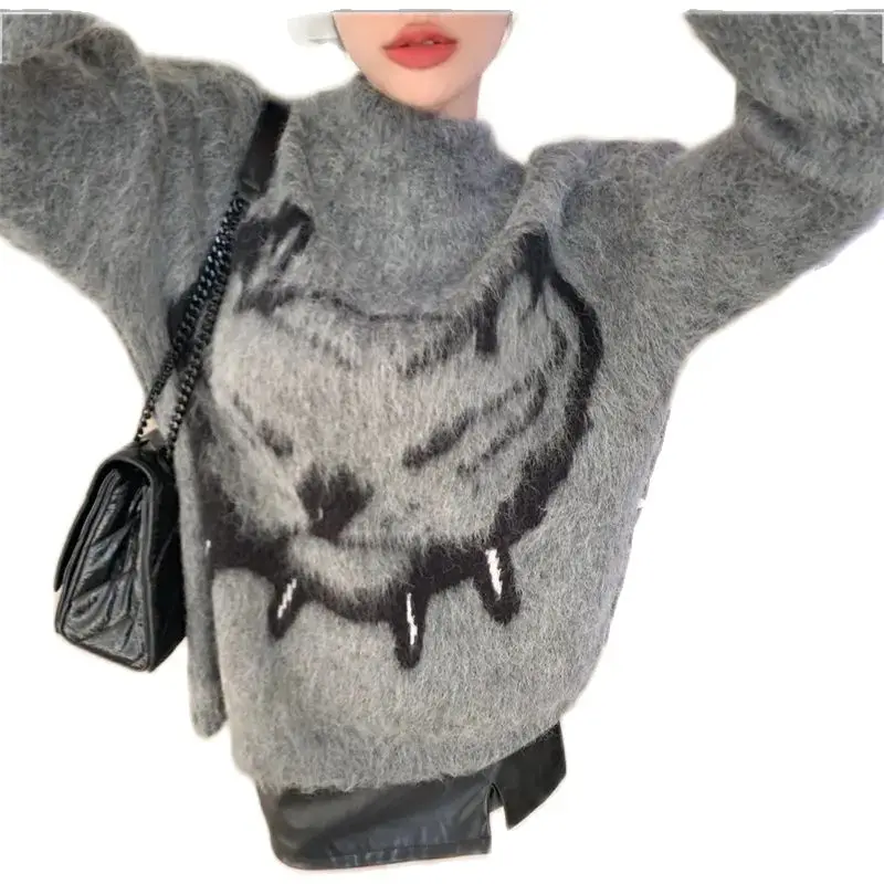 Winter Fall Mohair Girls Fashion Sweater Long Sleeves Round Neck Warm Sweaters for Women