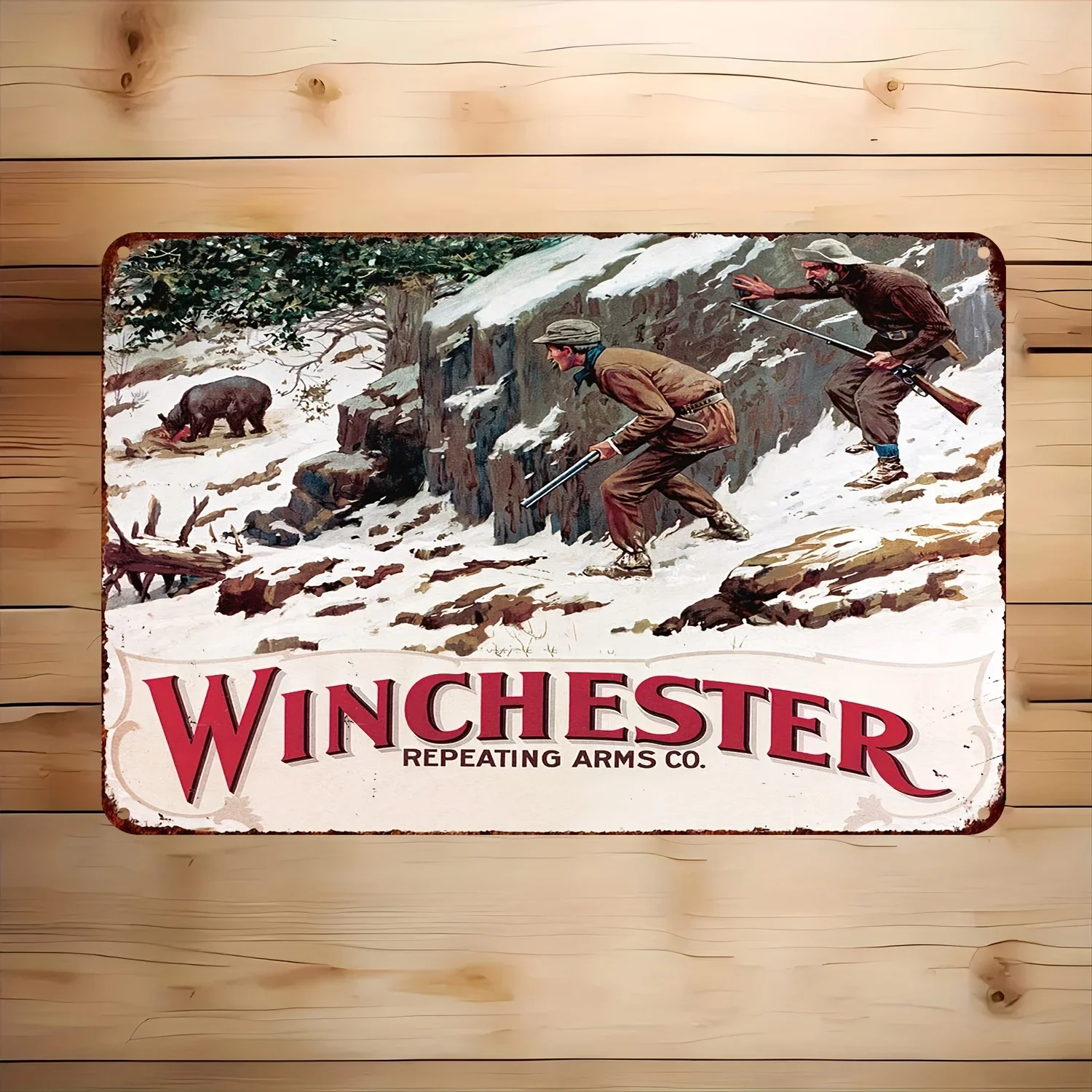 Winchester Vintage Metallschild – Rustikale Aluminium-Wandkunst mit Jagdszenen und wiederholenden Armen Co. Design für Garage, für Man Cav