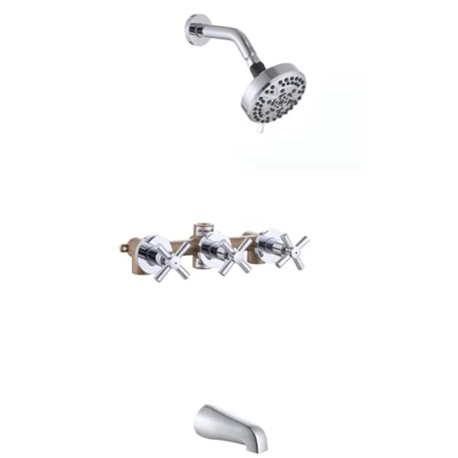 

Комплект смесителей для ванны и душа с 3 ручками, хромированный, с изливом для ванны и клапаном, для установки в ванну и на стену