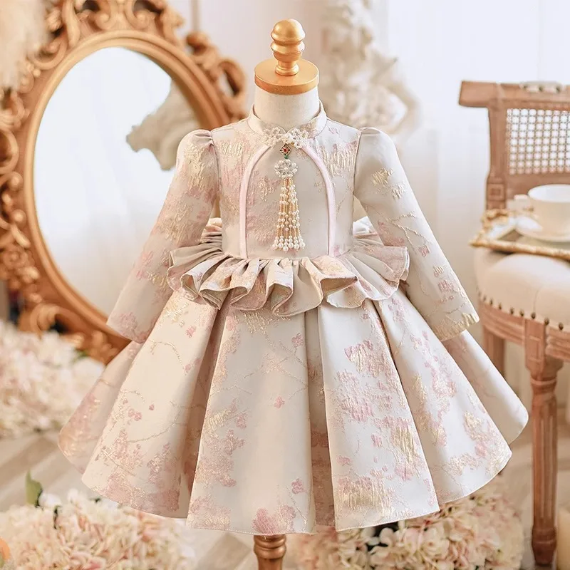 Vestido de fiesta de Navidad de estilo chino para niñas, vestidos rojos Kawaii para niños, cena de noche, disfraces de manga larga para niños pequeños, nuevo, moda