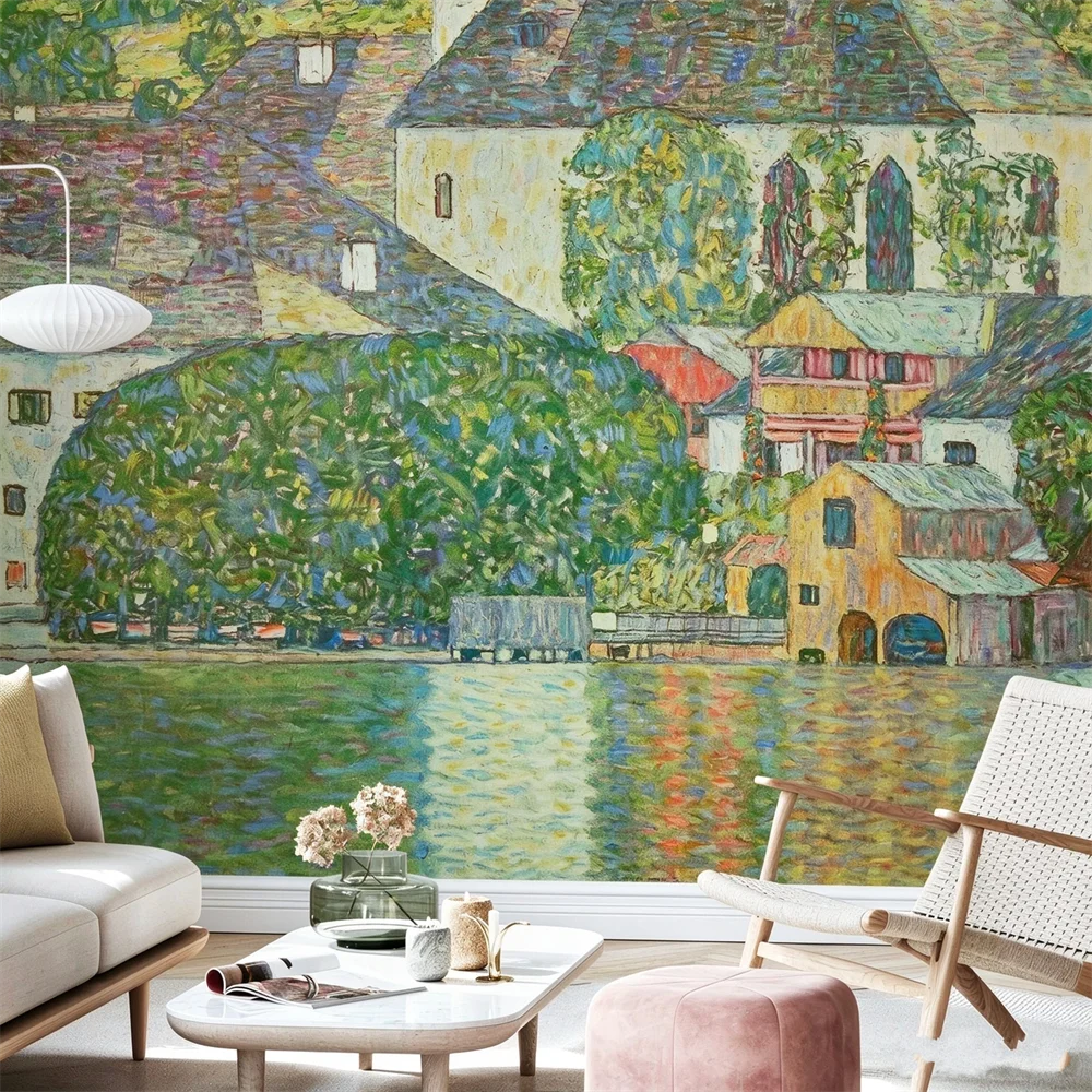 Custom European retro rural church architecture wall paper mural art texture oil painting wallpaper for living room Home Decor