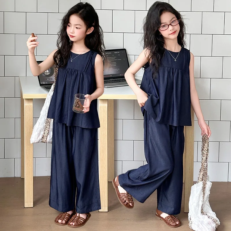 

2025 New Summer Outfit for Girls Denim Suspenders with Wide-Leg Pants Two-Piece Set Summer Fashion for Big Kids