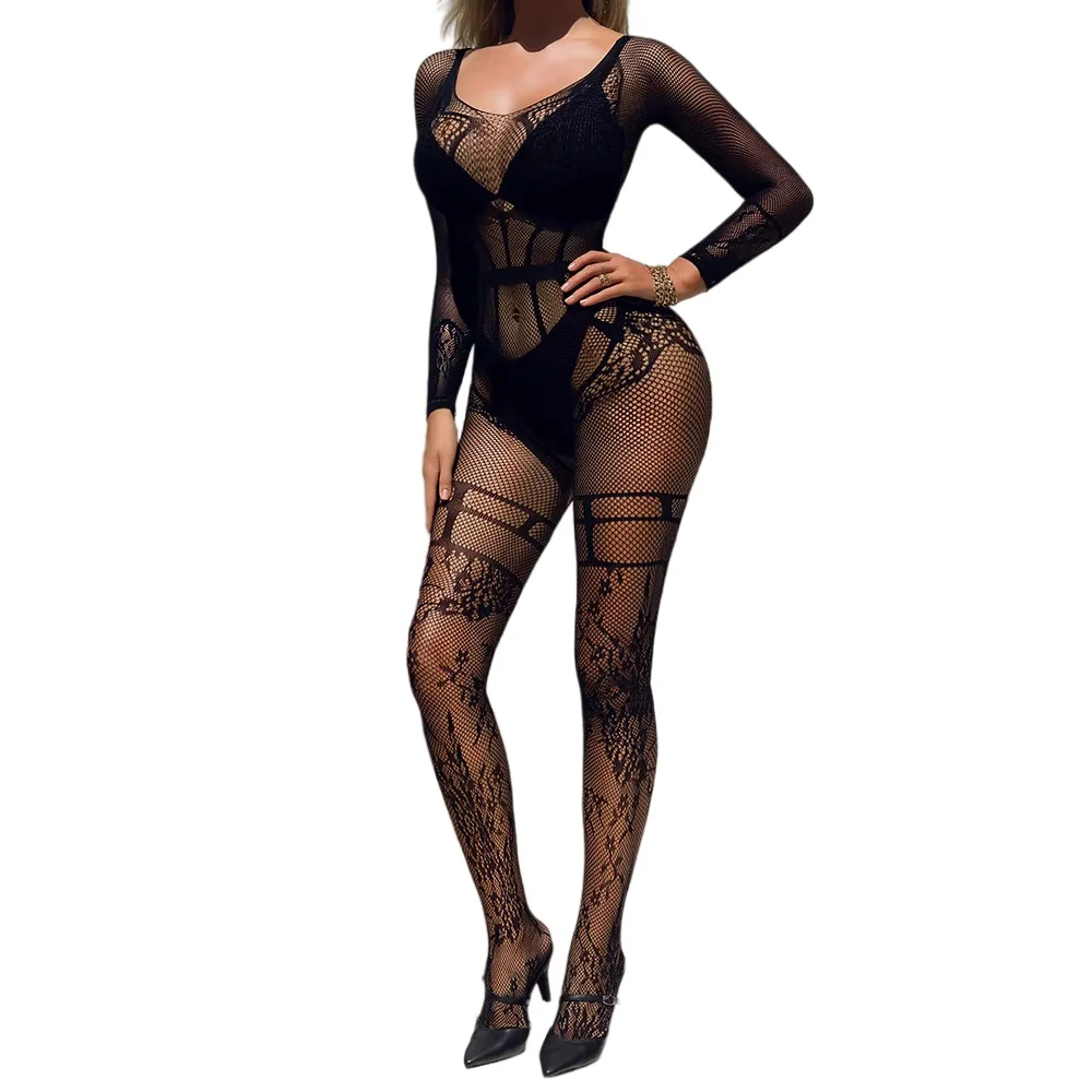 Lingerie Mesh Clothing Mature Charm Elegant Passion Gentle Sexy Fishing Net Jumpsuit Pajamas Long Sleeved Backless Tight