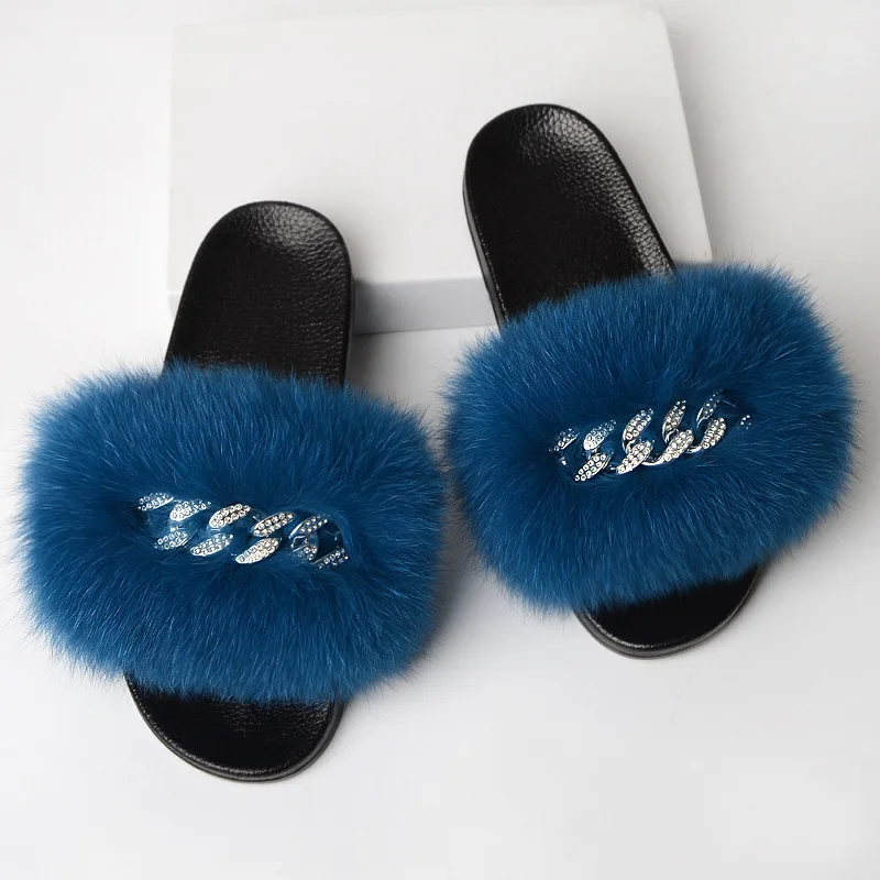 Summer Ladies Slippers Women Real Fox Fur Slides Indoor Fuzzy Plush Flip Flops Flat Sandals Fluffy Home Shoes Woman New Arrival