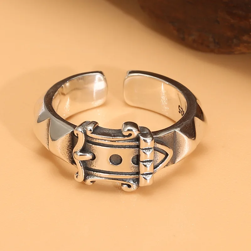 

Stylish creative open ring s925 sterling silver men's and women casualretro belt buckle rivet index finger ring