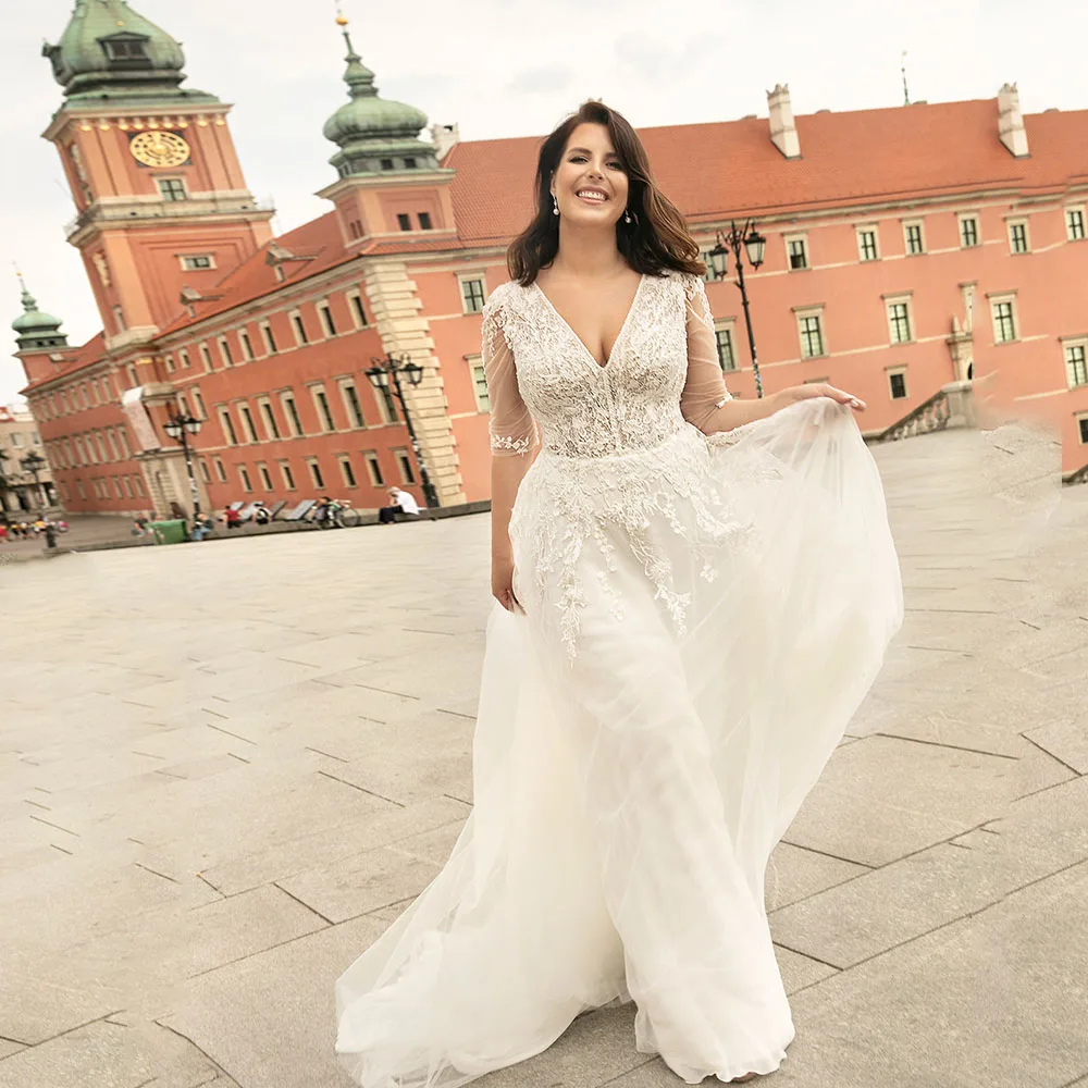 Elegant Wedding Dress For Women Double V-Neck Three Quarter Sleeve Bride Gown Lace Applique A-Line Sweep Train Vestido De Novia