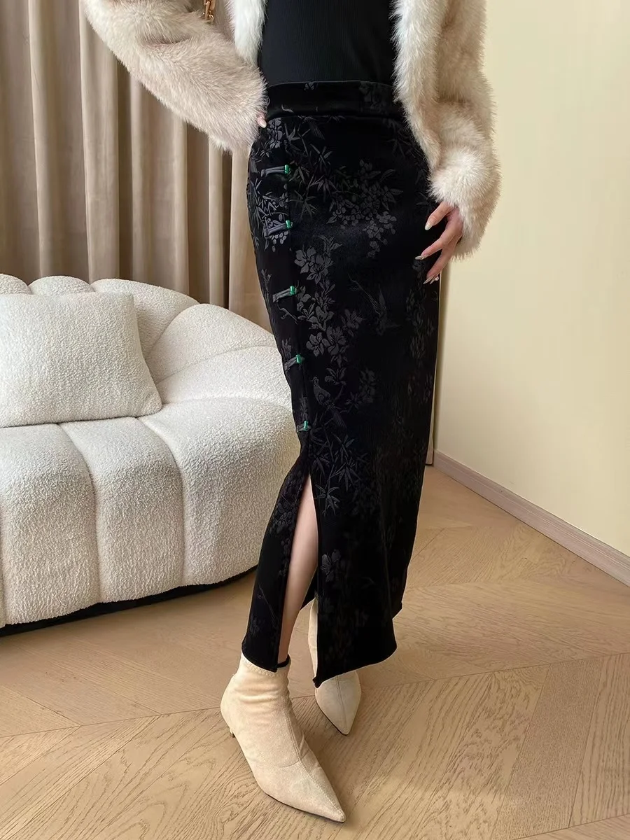 

New Chinese Style Cheongsam Button Up Bamboo Jacquard Thickened Side Slit Velvet Half Length Skirt