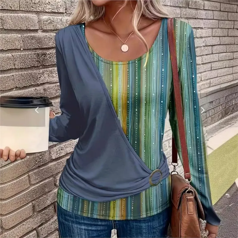 Fashion Double Layers Cloth Circle Decoration T-Shirt Women's Color Blocking Striped Long Sleeve Tops Casual Commuter Female Tee