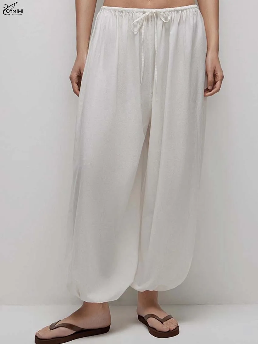 

Oymimi Casual White Cotton Women's Pants Fashion Drawstring Low Waisted Trousers Autumn New Loose Ankle-Length Pants Streetwear