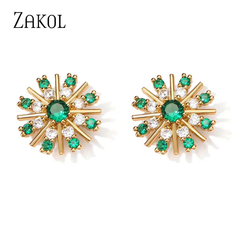 ZAKOL Fashion Green Zircon Flower Stud Earrings for Elegant Women Personalized Cubic Zirconia Wedding Party Birthday Jewelry