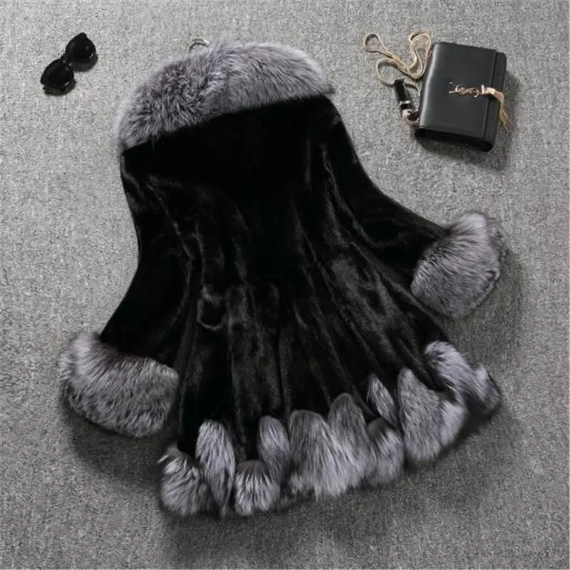 Mink Fur Coat Fox Collar Hooded Jacket Top Fur Women's Christmas Dress Autumn and Winter Faux Fur Coat Women's Autumn and Winter