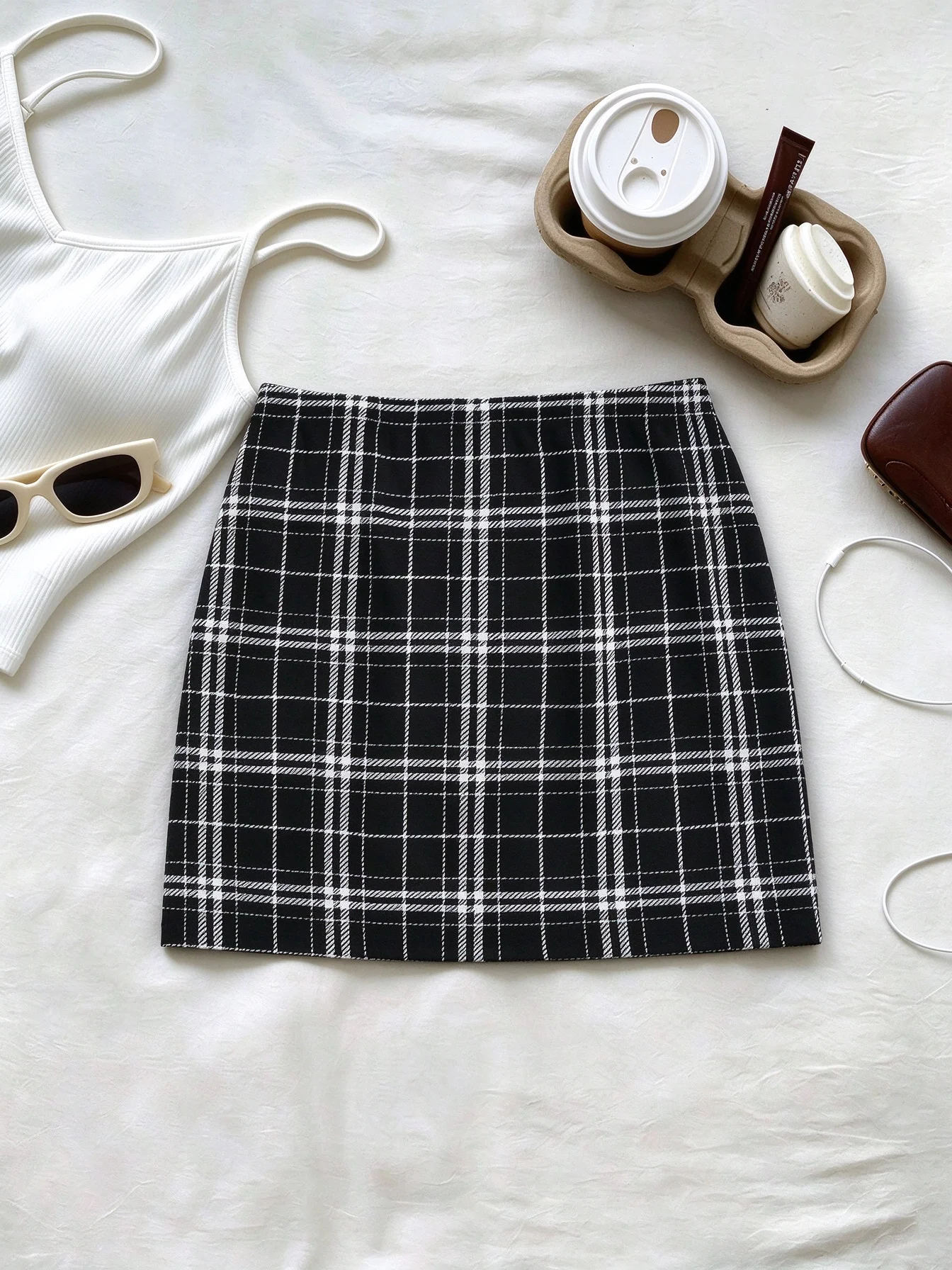 Women Elastic Waist Checkered Split Hem Mini Skirt Slim Fit Y2K Sexy Xmas Party Vintage Preppy Skirt