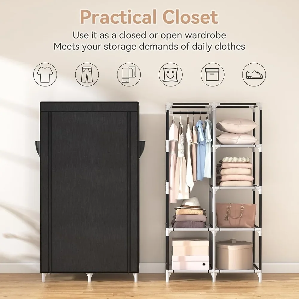 Portable Closet Wardrobe for Hanging Clothes with 6 Storage Shelves,1 Hanging Rod and 4 Pockets,Free Standing Closet Clothes