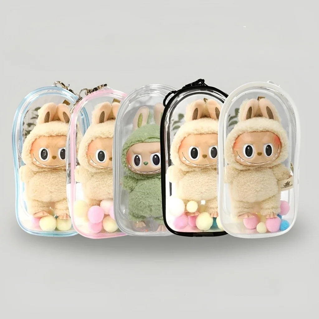 For Labubu / Liila Lucky Cat V1 v2 Protective Bag Thick Silicone Case Clothes PVC Transparent Doll Dustproof Box with Keychain