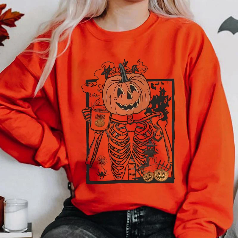 Skeleton Pumpkin Print Casual Sweatshirts, Crew Neck Drop Shoulder Loose Pullovers For Fall & Winter, Women\'s Plus Sweatshirts